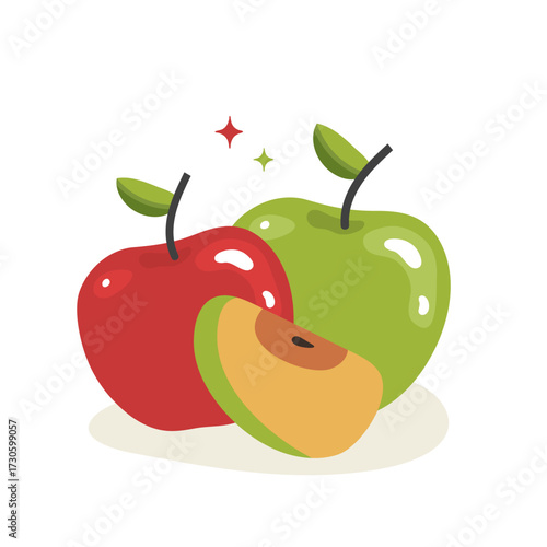 Vector illustration of a red and green whole apples and one sliced green apple, print for children tshirt, card, poster concept.