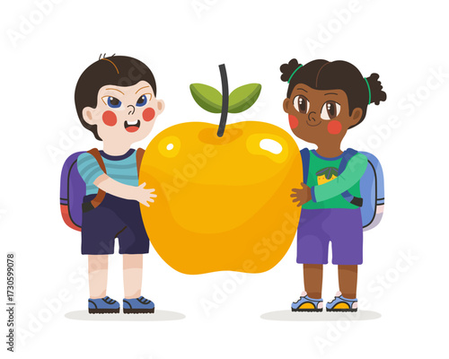 Two school children boy and girl smile and hold a large yellow apple on a white background, print for children tshirt, card, poster concept.