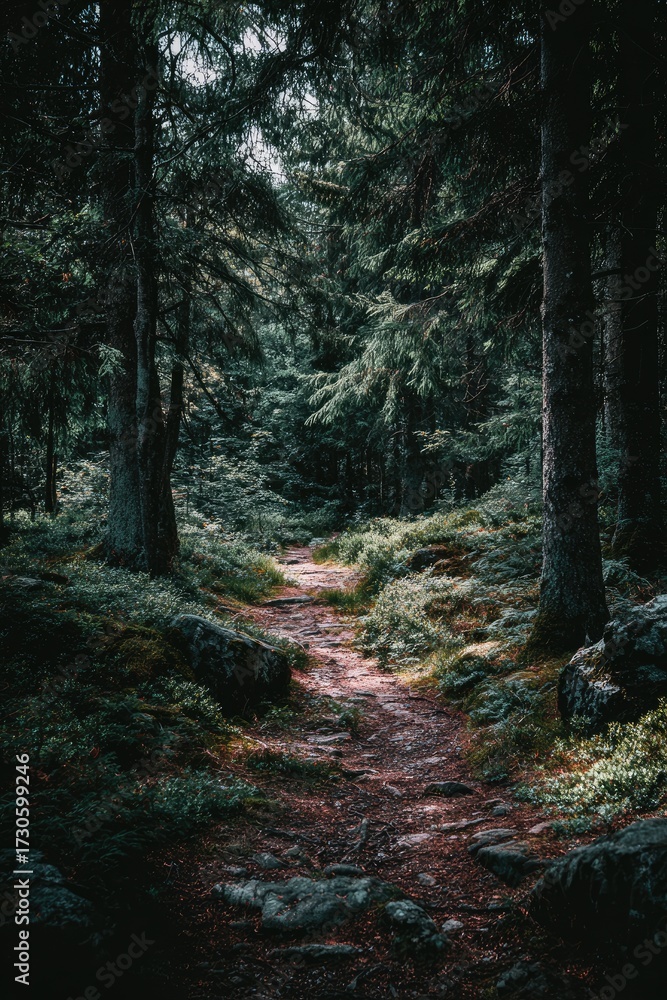 Obraz premium A dimly lit forest path winds through a dense, mossy woodland, flanked by tall evergreens and rocky terrain; a sense of mystery pervades the scene