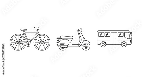 Line Art Illustration - Bicycle, Scooter, and Bus.