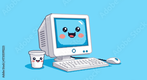 Retro pixelated computer with friendly face and a smiling coffee cup icon vector