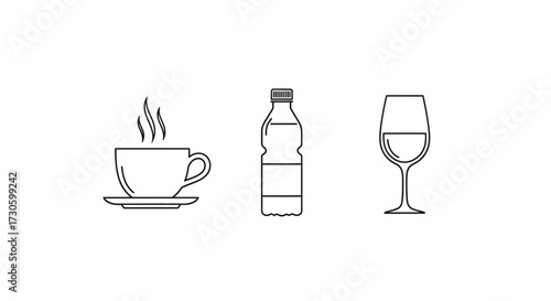 Line art of cup with steam, bottle, and wine glass.