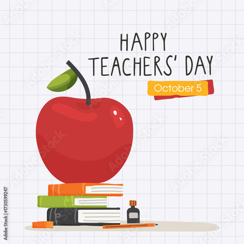 Vector illustration of a stack of books with an inkwell pen and a large red apple and a happy teacher's Day quote, suitable for postcards, printing school templates, invitations.