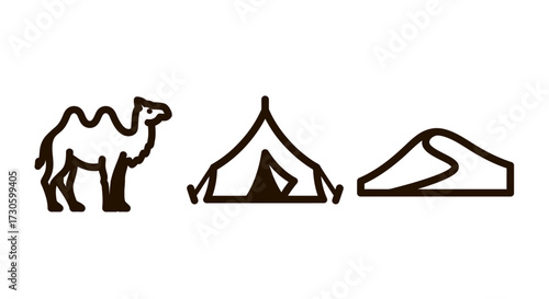 Minimalist black outline icons - two-humped camel, traditional desert tent, and a curved sand dune.