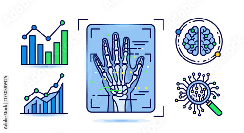 Medical X-Ray of Hand with Data Visualization Icons.