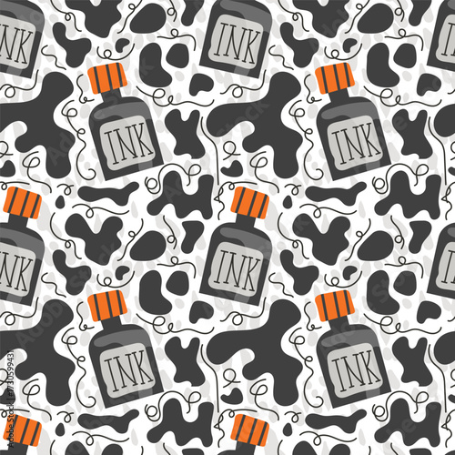 Vector illustration with cute inkwells and ink blots on a light background. Seamless pattern for textiles, packaging, backgrounds.