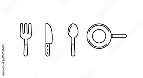 Minimalist Line Art - Fork, Knife, Spoon, and Frying Pan Kitchen Utensils.