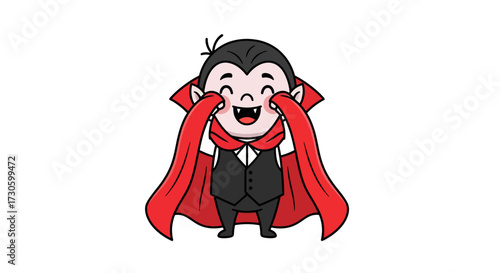 Smiling cartoon vampire with red cape covering face evoking joyful halloween spirit