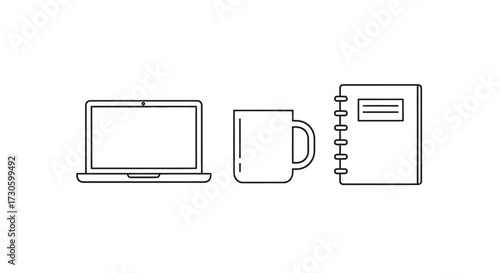 Minimalist line art icons of an open laptop, a handled mug, and a spiral notebook, essential work items.
