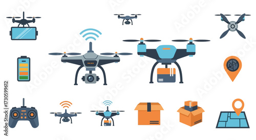 Modern Drone Technology Icons Set - Quadcopters, Remote Control, Delivery Boxes, and GPS Map.