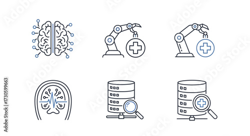 Modern Line Art Icons - AI, Robotics, Data Analysis, and Medical Technology Concepts.
