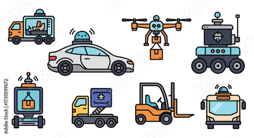 Modern Logistics and Delivery Vehicles Icons - Autonomous Car, Drone, Robots, Trucks, Forklift.