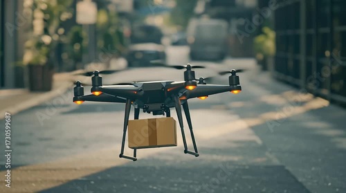 Autonomous drone delivery urban street with package logistics technology and autonomous quadcopter transportation modern futuristic city alley