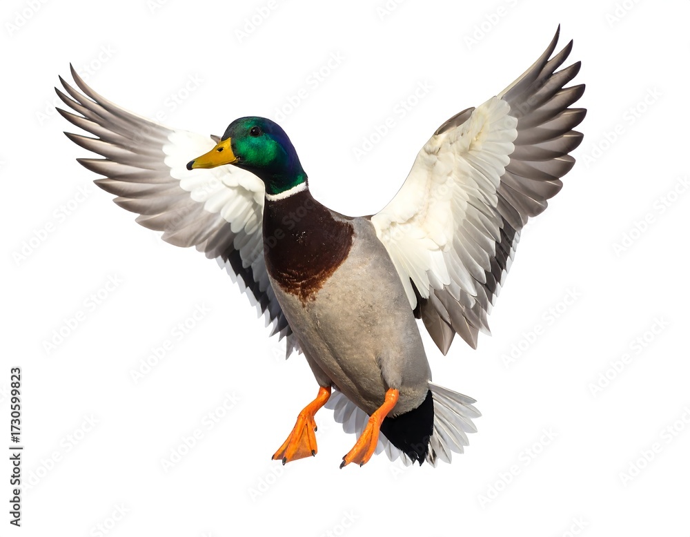 Obraz premium Mallard in flight against white background