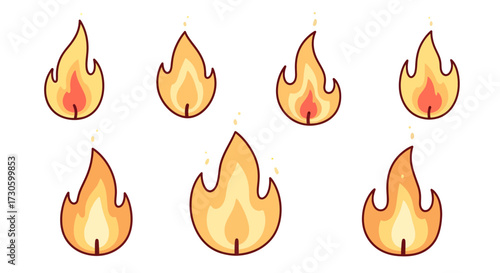 Stylized flame collection featuring various shapes and shades against a white backdrop illustration