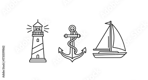 Nautical Line Art Icons - Lighthouse, Anchor, Sailboat.