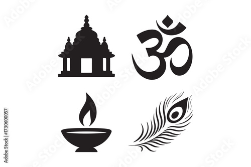 Hinduism symbols om temple diya peacock feather icons