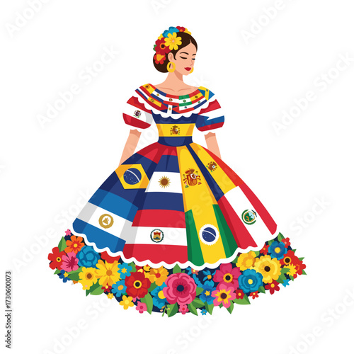 latin american woman, hispanic culture, folkloric dress, latin american flags, latina pride, hispanic heritage, cultural diversity, latina elegance, latin unity, latina folkloric art, latin flowers, h