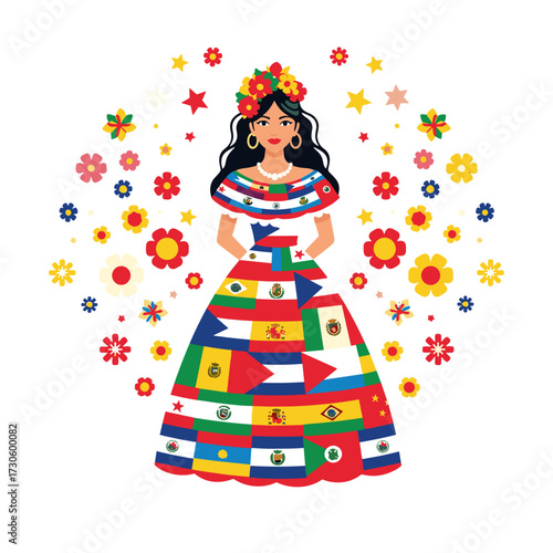 latin american woman, hispanic culture, folkloric dress, latin american flags, latina pride, hispanic heritage, cultural diversity, latina elegance, latin unity, latina folkloric art, latin flowers, h