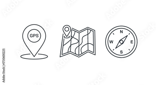Outlined Navigation Icons - GPS Locator, Folded Map, and Compass for Direction.