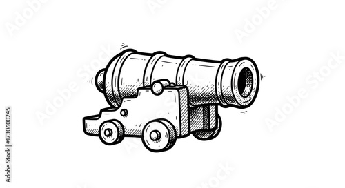 Vintage artillery sketch illustration: A charming black and white drawing of cannon