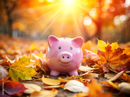 A single pink piggy bank sits on a bed of colorful autumn leaves with bright sunlight shining
