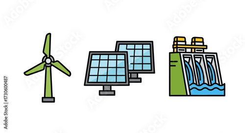 Renewable Energy Sources - Wind Turbine, Solar Panels, Hydroelectric Dam.