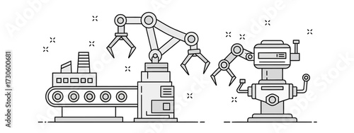 Robotic Assembly Line with Conveyor Belt and Articulated Arms, Line Art.
