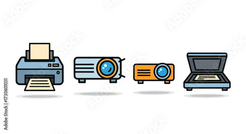 Set of Four Vector-Style Office Equipment - Printer, Projectors, and Scanner.