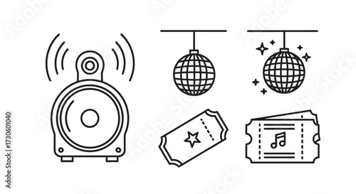 Set of Line Art Icons - Speaker, Disco Balls, and Tickets for Events.