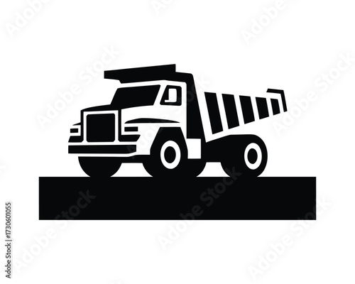 Heavy duty dump truck vector logo design in minimal badge style for building and mining industry