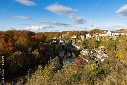 Elevated view of Knaresborough Viaduct and river Nidd on a beautiful sunny autumn afternoon