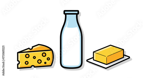 Simple cartoon illustration of dairy essentials - yellow cheese wedge, white milk bottle, and golden butter block.