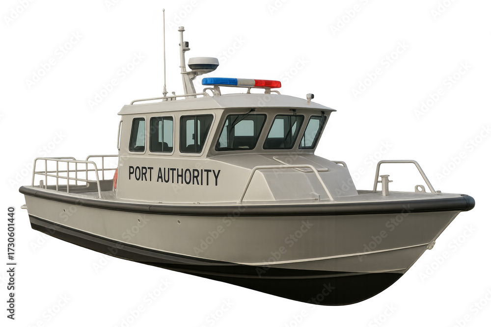 Obraz premium Port authority patrol boat with emergency lights on transparent background
