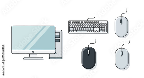 Simple Line Art Illustration of Desktop Computer, Keyboard, and Mice.