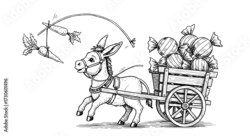 Whimsical donkey pulling a candy-filled cart with dangling carrots as motivation