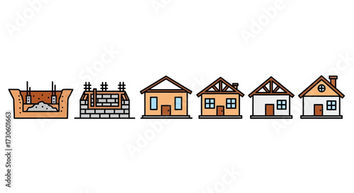 Stages of House Construction from Foundation to Finished Building.