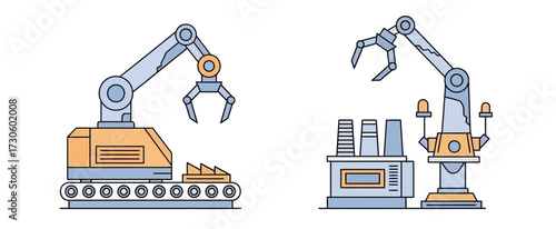 Two Industrial Robotic Arms - Automated Manufacturing Line Illustration.
