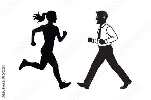 Silhouettes of a man and woman running side by side