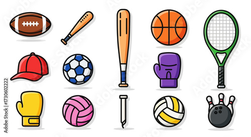 Vibrant cartoon sports equipment collection - football, basketball, soccer, tennis, baseball, boxing, volleyball, bowling, and cap.