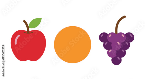 Vibrant flat design red apple, round orange, and purple grape bunch illustration.