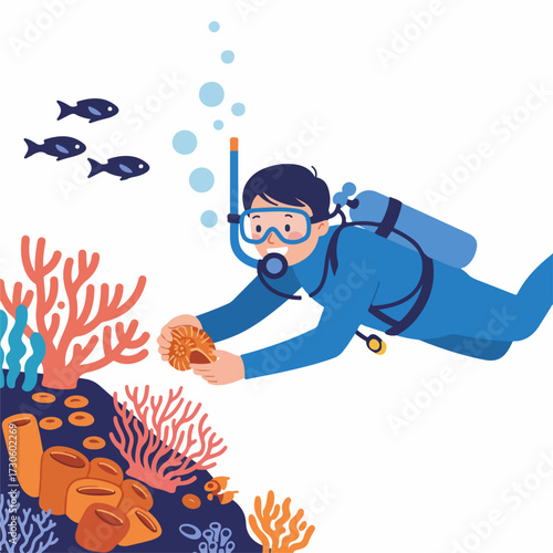 Cartoon Illustration of Deep Sea Diver Exploring Coral Reef Marine Life