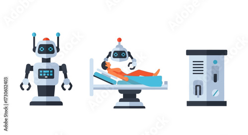 White and black humanoid robot standing, featuring blue screens, antennas, and a modern flat design.