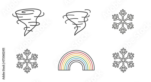 Weather Icons - Tornadoes, Snowflakes, and Rainbow, simple line drawing.