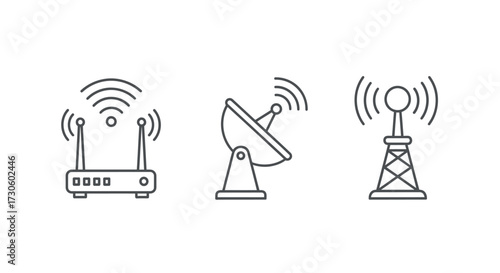 Wireless Communication Icons - Router, Satellite Dish, and Cell Tower.