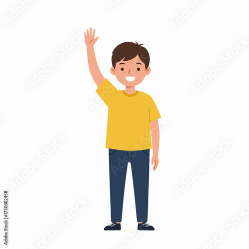 Cute Cartoon Style Boy Raising Hand Greeting Someone Illustration