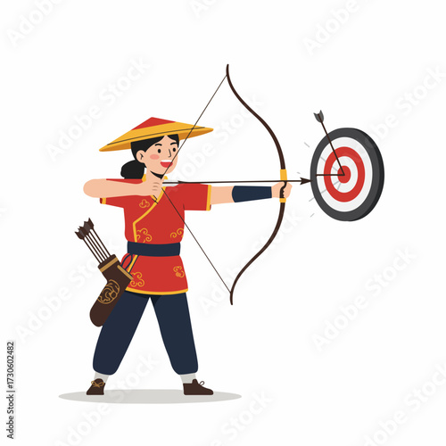 Cute Cartoon Archer Character in Traditional Chinese Costume Illustration