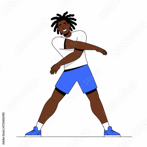 Flat Cartoon Man Stretching Arms Exercise Body Warm Up Illustration