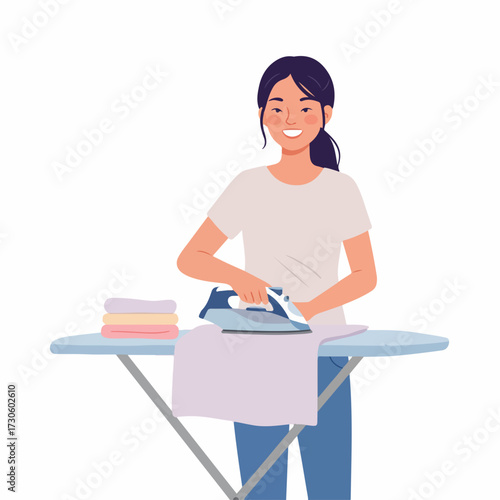 Flat Illustration of a Woman Ironing Clothes at Home with Table