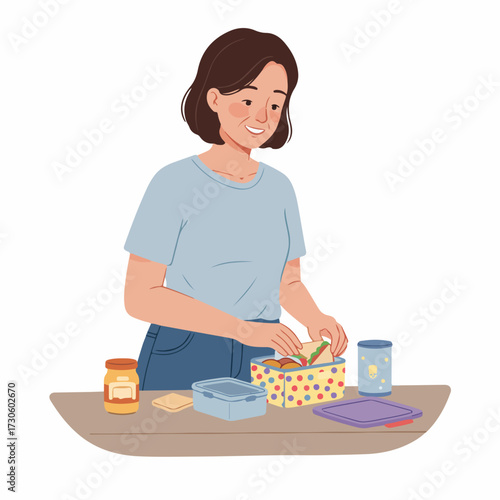 Flat Illustration of Woman Packing Healthy Lunchbox for School Children